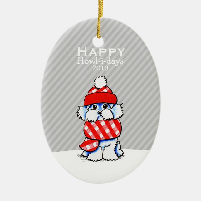 Maltese Cute Dog Christmas Grey Stripe Custom Ceramic Tree Decoration (Front)