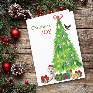 Maltese Dog, Bird and Christmas Tree Holiday Card