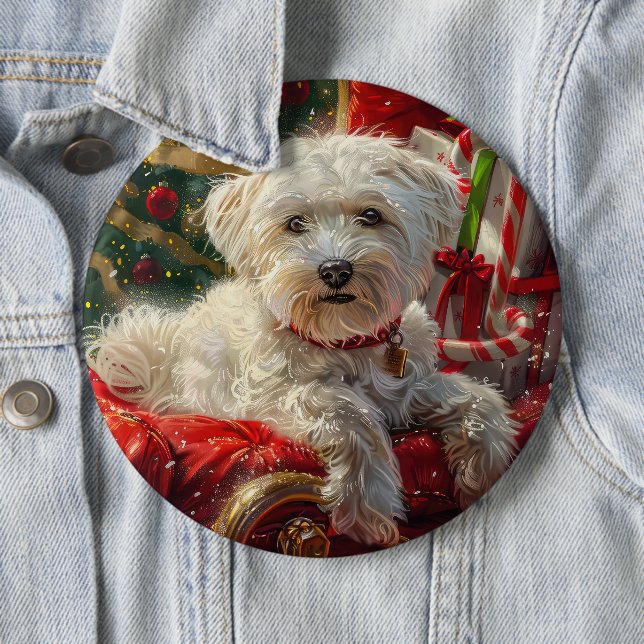 Maltese Dog Christmas Festive 6 Cm Round Badge (In Situ)