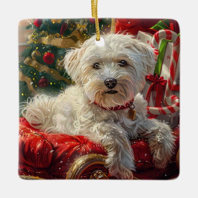 Maltese Dog Christmas Festive Ceramic Ornament (Front)