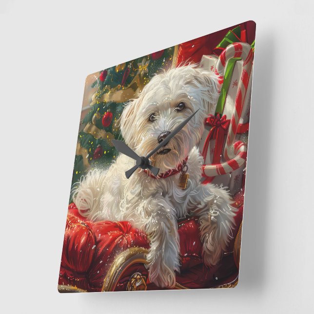 Maltese Dog Christmas Festive Square Wall Clock (Angle)