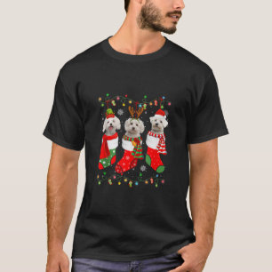 Maltese Dog Christmas Socks Santa Hat Xmas Lights  T-Shirt