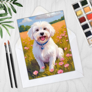 Maltese Dog Flower Field Painting Card
