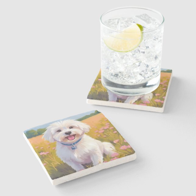 Maltese Dog Flower Field Painting Stone Coaster (Side)