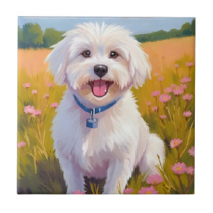 Maltese Dog Flower Field Painting Tile