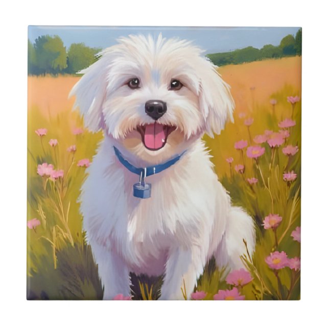 Maltese Dog Flower Field Painting Tile (Front)