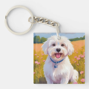 Maltese Dog   Flower Field Pet Painting Key Ring
