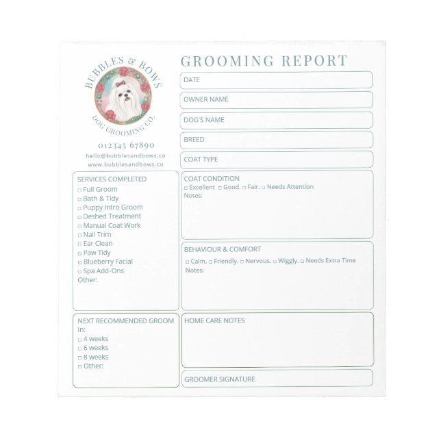 Maltese Dog Grooming Salon Report Card Notepad (Front)