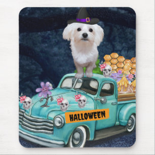 Maltese Dog Halloween Truck Scary Night Mouse Pad
