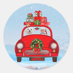 Maltese Dog In Car With Santa Claus Classic Round Sticker