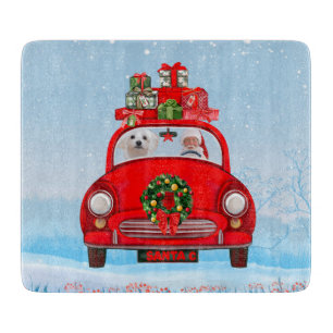 Maltese Dog In Car With Santa Claus  Cutting Board
