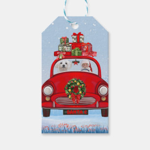 Maltese Dog In Car With Santa Claus  Gift Tags