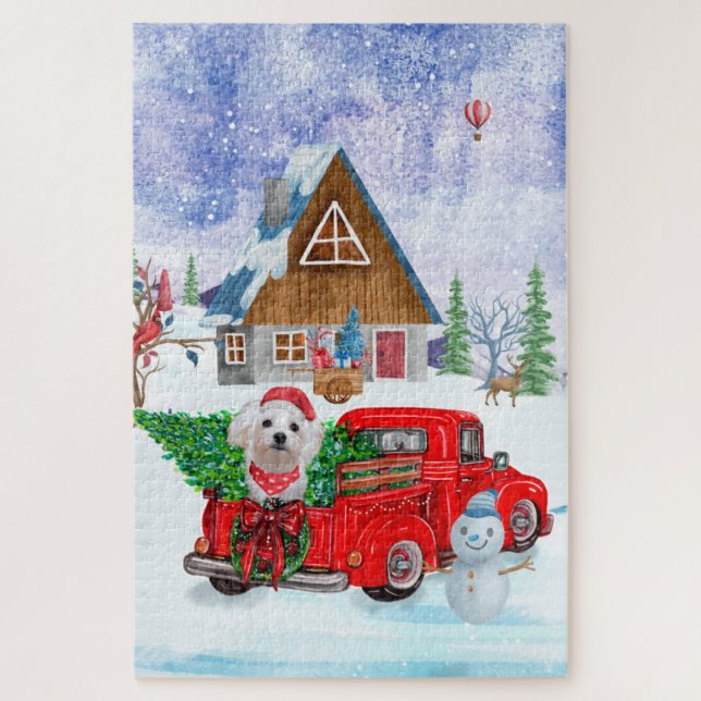 Maltese Dog In Christmas Delivery Truck Snow Jigsaw Puzzle (Vertical)