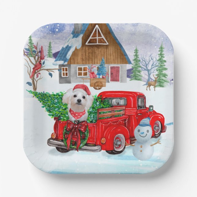 Maltese Dog In Christmas Delivery Truck Snow Paper Plate (Front)