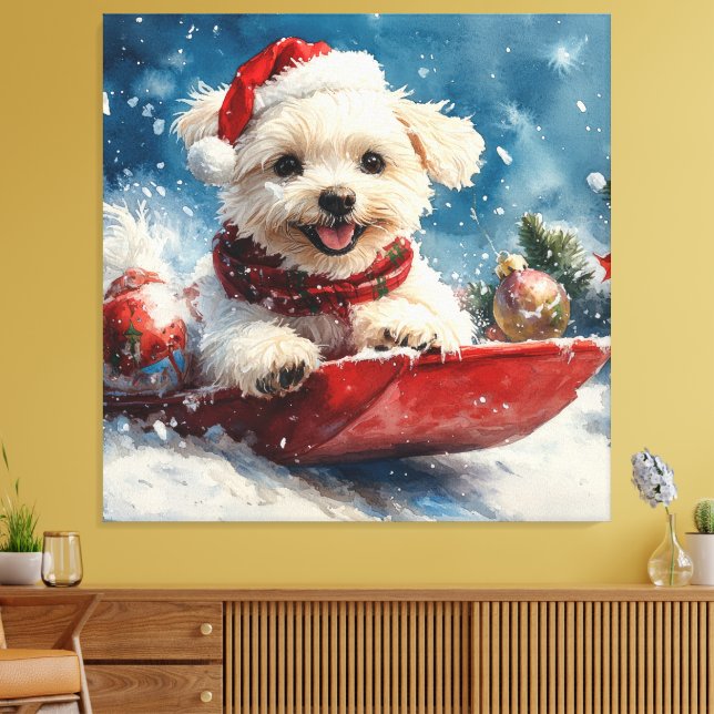 Maltese Dog in Sledge Let it Snow Christmas Canvas Print (Insitu(LivingRoom))