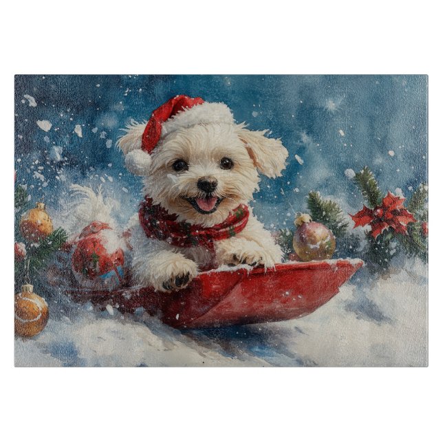 Maltese Dog in Sledge Let it Snow Christmas Cutting Board (Front)