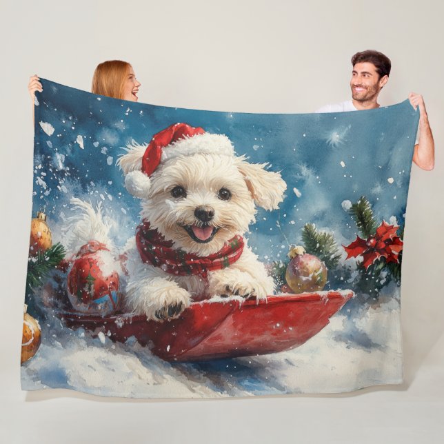 Maltese Dog in Sledge Let it Snow Christmas Fleece Blanket (In Situ)