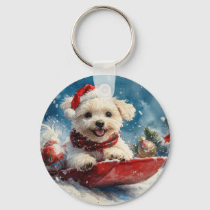 Maltese Dog in Sledge Let it Snow Christmas Key Ring