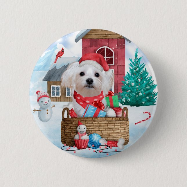 Maltese Dog In snow Christmas Dog House 6 Cm Round Badge (Front)