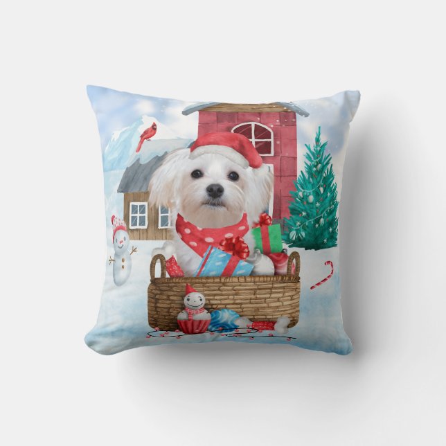 Maltese Dog In snow Christmas Dog House Cushion (Front)