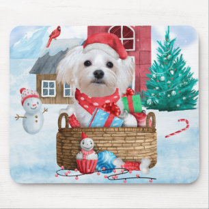 Maltese Dog In snow Christmas Dog House Mouse Pad