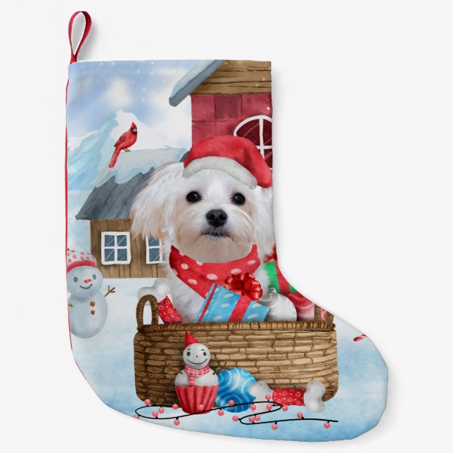 Maltese Dog In snow Christmas Dog House Small Christmas Stocking (Front)