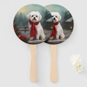 Maltese Dog in Snow Christmas Hand Fan