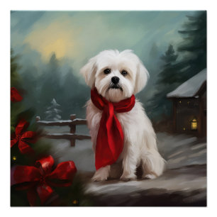 Maltese Dog in Snow Christmas Poster