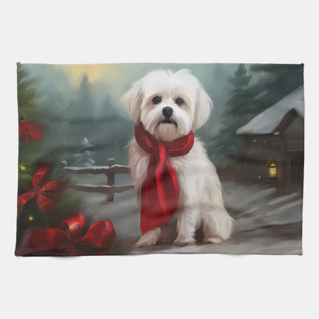 Maltese Dog in Snow Christmas  Tea Towel (Horizontal)