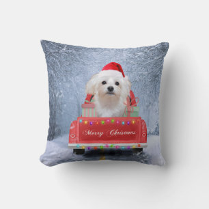Maltese Dog in Snow sitting in Christmas Truck  Cushion