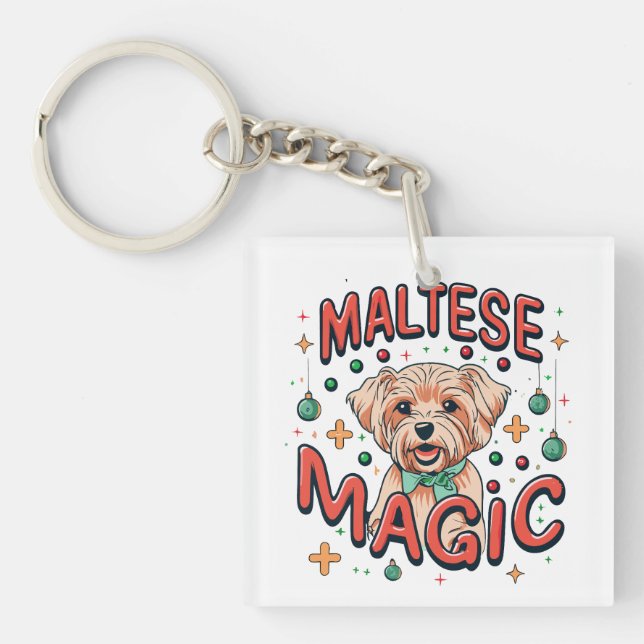 Maltese Dog Magic - Christmas in Retro 80s Style Key Ring (Front)