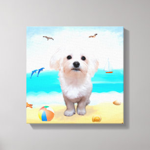 Maltese Dog on Beach Canvas Print