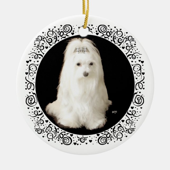 Maltese Dog on Black Ceramic Tree Decoration (Front)