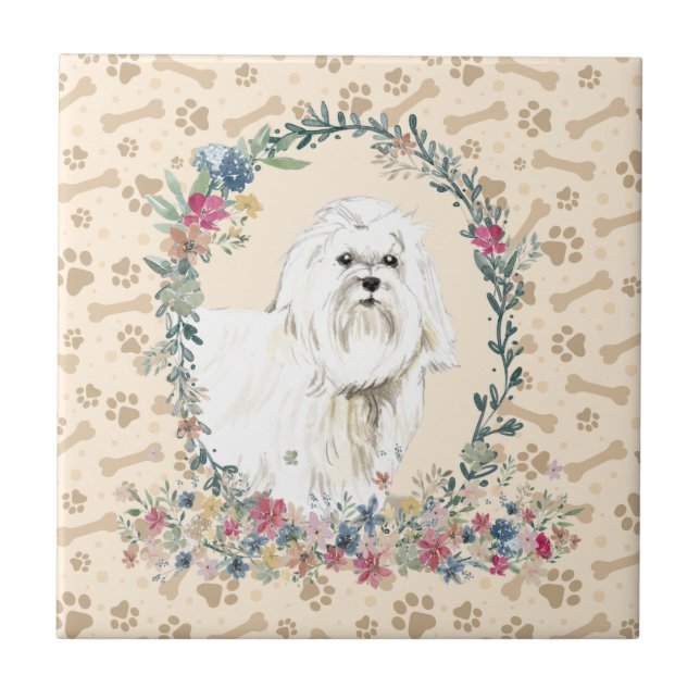 Maltese Dog Paw Print Floral Cute Beige Tile (Front)