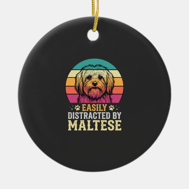 Maltese Dog Retro Sunset Distracted Ceramic Tree Decoration (Front)