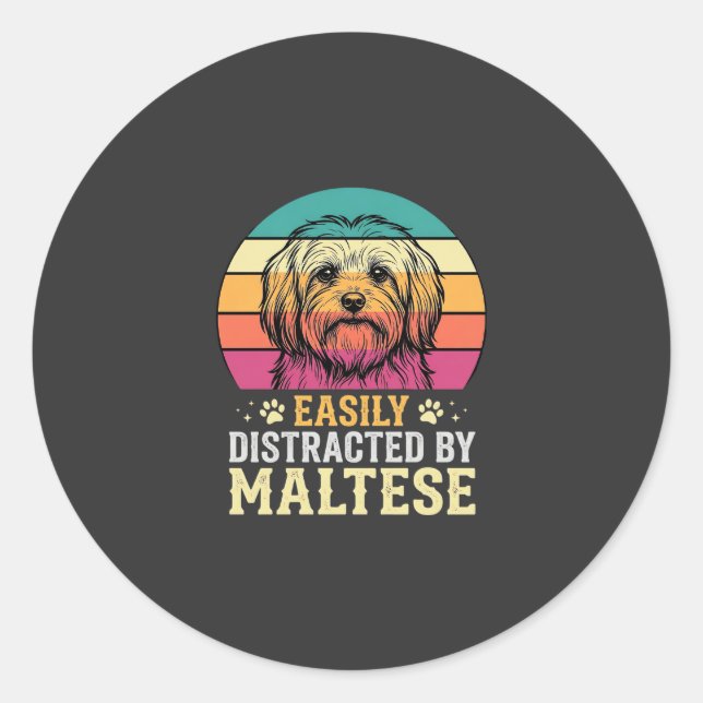 Maltese Dog Retro Sunset Distracted Classic Round Sticker (Front)