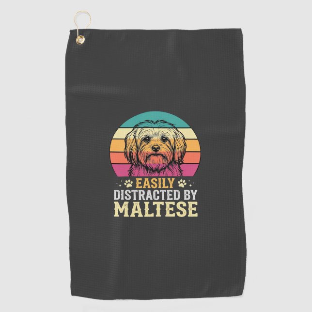 Maltese Dog Retro Sunset Distracted Golf Towel (Front)