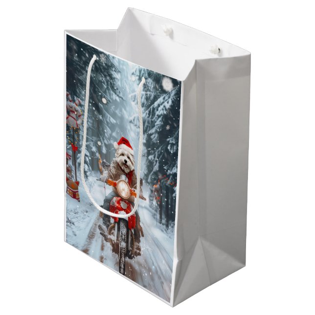 Maltese Dog Riding Motorcycle Christmas Medium Gift Bag (Front Angled)
