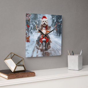 Maltese Dog Riding Motorcycle Christmas Square Wall Clock