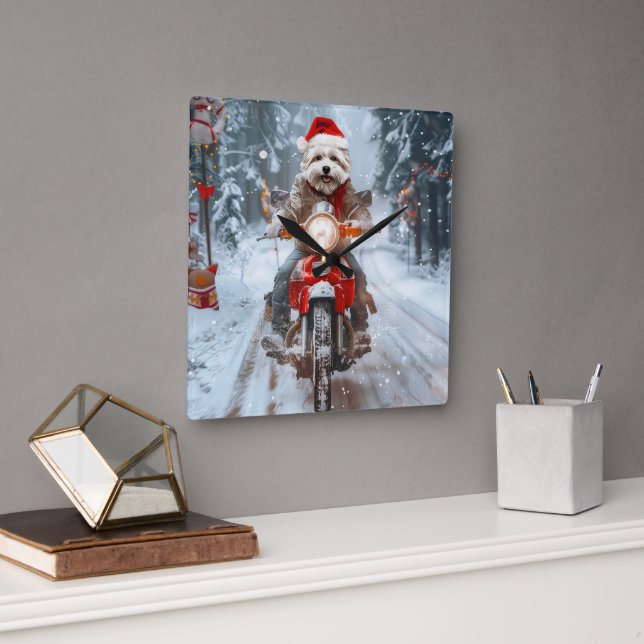 Maltese Dog Riding Motorcycle Christmas Square Wall Clock (Office)