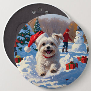 Maltese Dog Running in Snow with Christmas Hat 6 Cm Round Badge