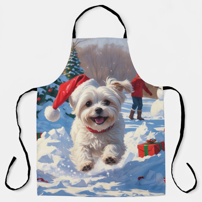 Maltese Dog Running in Snow with Christmas Hat Apron (Front)