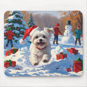 Maltese Dog Running in Snow with Christmas Hat Mouse Pad