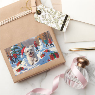 Maltese Dog Running in Snow with Christmas Hat Rectangular Sticker