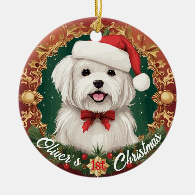 Maltese Dog’s First Christmas Ceramic Tree Decoration (Front)
