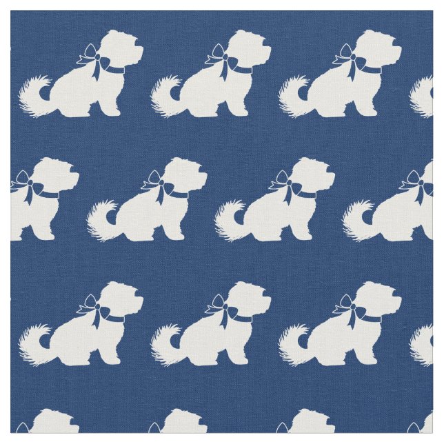 Maltese Dog Silhouette Pet Navy Blue Fabric (Close Up)