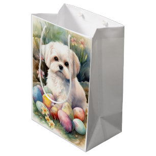 Maltese Dog with Easter Eggs Holiday Medium Gift Bag