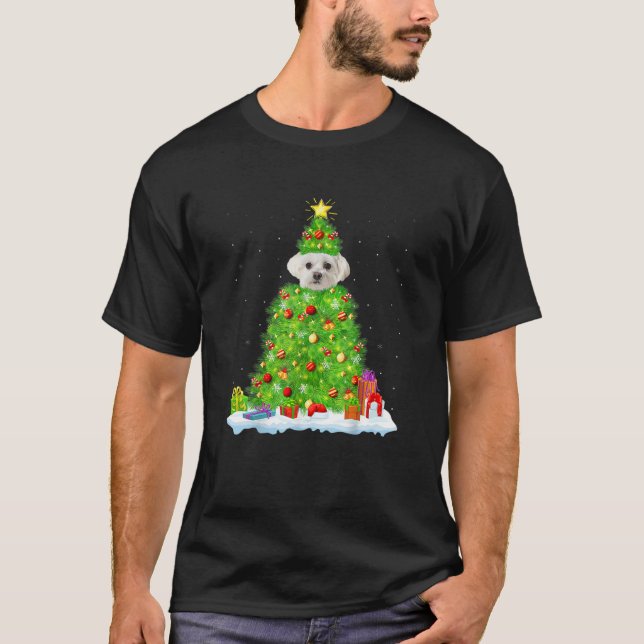 Maltese Dog Xmas Lighting Tree Funny Maltese Chris T-Shirt (Front)