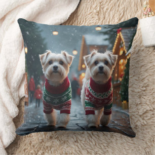 Maltese Dogs Christmas Snow Holiday Cushion
