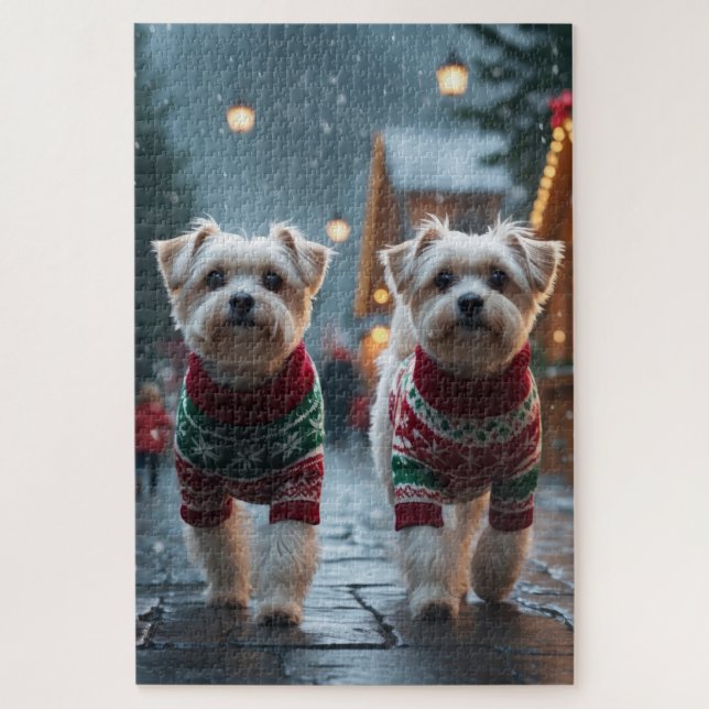 Maltese Dogs Christmas Snow Holiday Jigsaw Puzzle (Vertical)